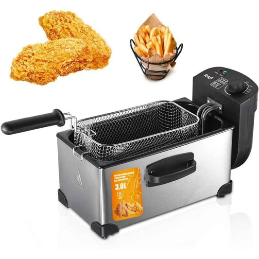 Friteuza electrica cu ulei, material inox, capacitate 3L, putere 2000W, temperatura reglabila 0 - 190 °C, protectie impotriva supraincalzirii, picioare anti-alunecare