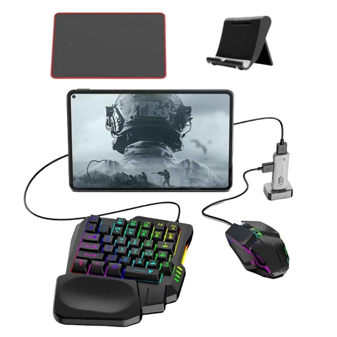 Set gaming telefon 5 in 1 cu tastatura iluminata RGB, emulator jocuri telefon, Compatibil Android 35 taste one hand si mouse gaming 1600/2400/3200 DPI, suport telefon inclus, mouse pad inclus, wireless, cu inteligent spray control