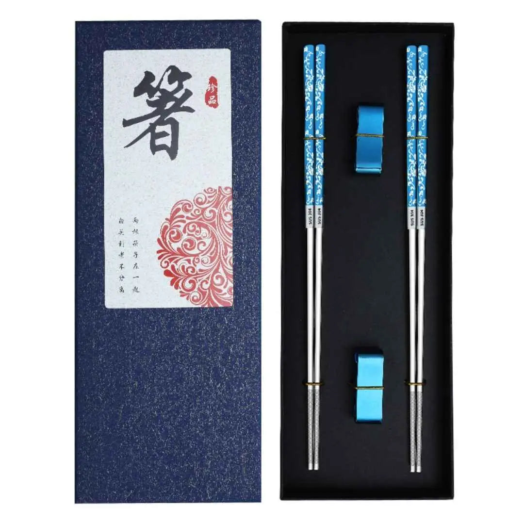 Bete chinezesti traditionale, set 2 pentru mancat, din otel inoxidabil, rezistente la spalare, cu imprimeuri florale colorate