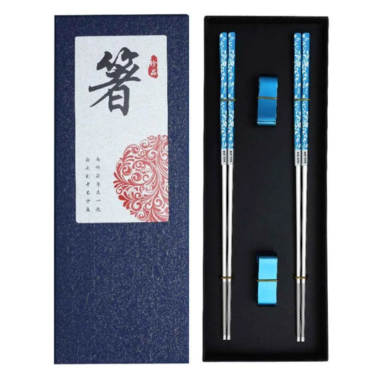 Bete chinezesti traditionale, set 2 pentru mancat, din otel inoxidabil, rezistente la spalare, cu imprimeuri florale colorate