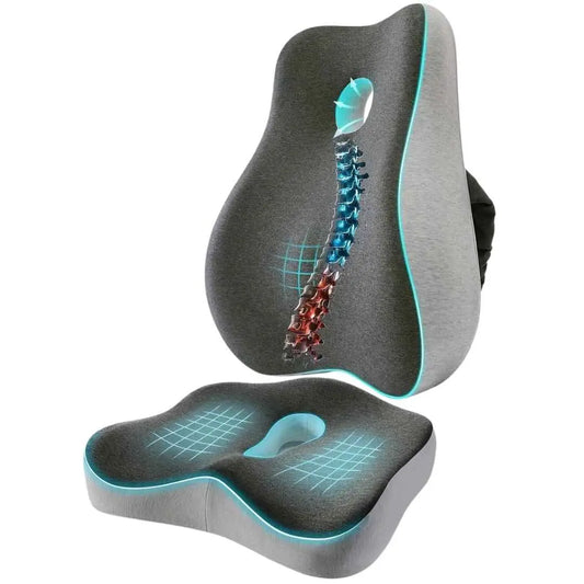 Perna ortopedica sezut si lombar, set complet, spuma cu memorie premium, pentru scaun de birou si de masina, husa respirabila si anti-alunecare