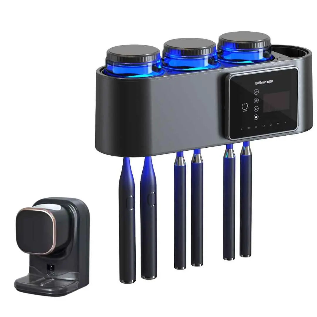 Sterilizator profesional pentru periute de dinti si dispenser cu Senzor pentru pasta, functie de uscare si sterilizare antibacteriala UV, prindere perete prin lipire, 6 sloturi, ciclu automat la fiecare 12 ore, acumulator 2000mAh, afisaj digital