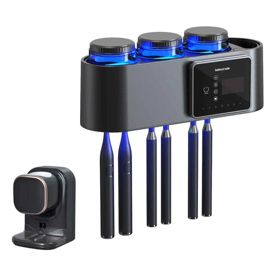 Sterilizator profesional pentru periute de dinti si dispenser cu Senzor pentru pasta, functie de uscare si sterilizare antibacteriala UV, prindere perete prin lipire, 6 sloturi, ciclu automat la fiecare 12 ore, acumulator 2000mAh, afisaj digital