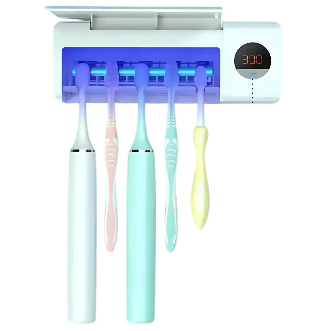 Sterilizator profesional pentru periutele de dinti, functie de uscare si sterilizare antibacteriala UV + UVC, montare pe perete prin lipire, 5 5loturi, ciclu automat la fiecare 8 ore, acumulator 2000mAh, afisaj digital