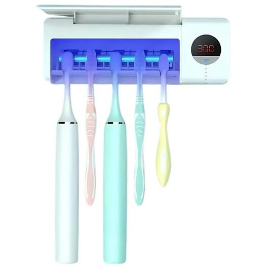 Sterilizator profesional pentru periutele de dinti, functie de uscare si sterilizare antibacteriala UV + UVC, montare pe perete prin lipire, 5 5loturi, ciclu automat la fiecare 8 ore, acumulator 2000mAh, afisaj digital