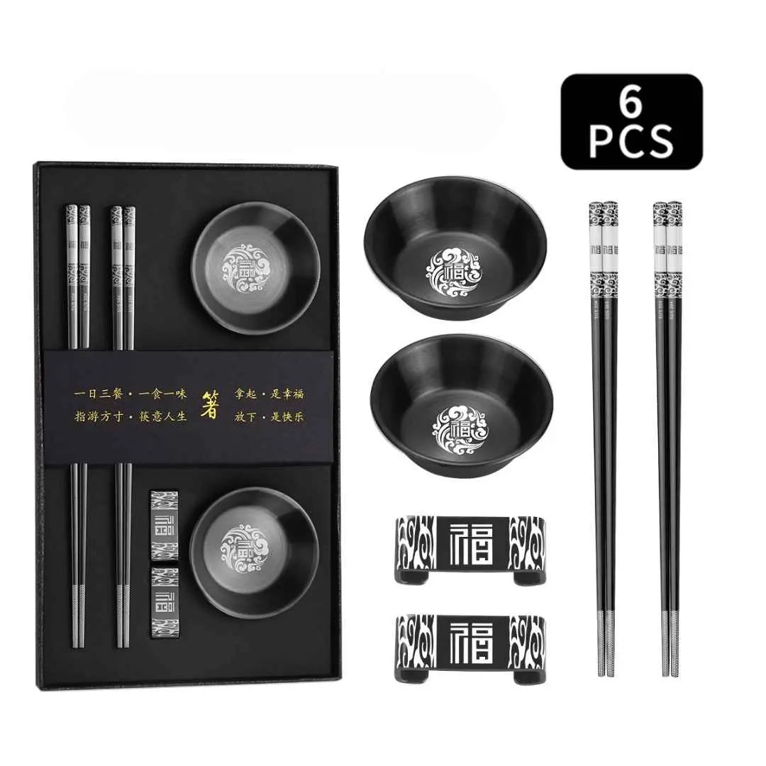 Set bete chinezesti traditionale, din otel inoxidabil, 2 mini boluri incluse, cu imprimeuri, reutilizabile, anti-derapante, rezistente la spalare, pentru servirea mesei