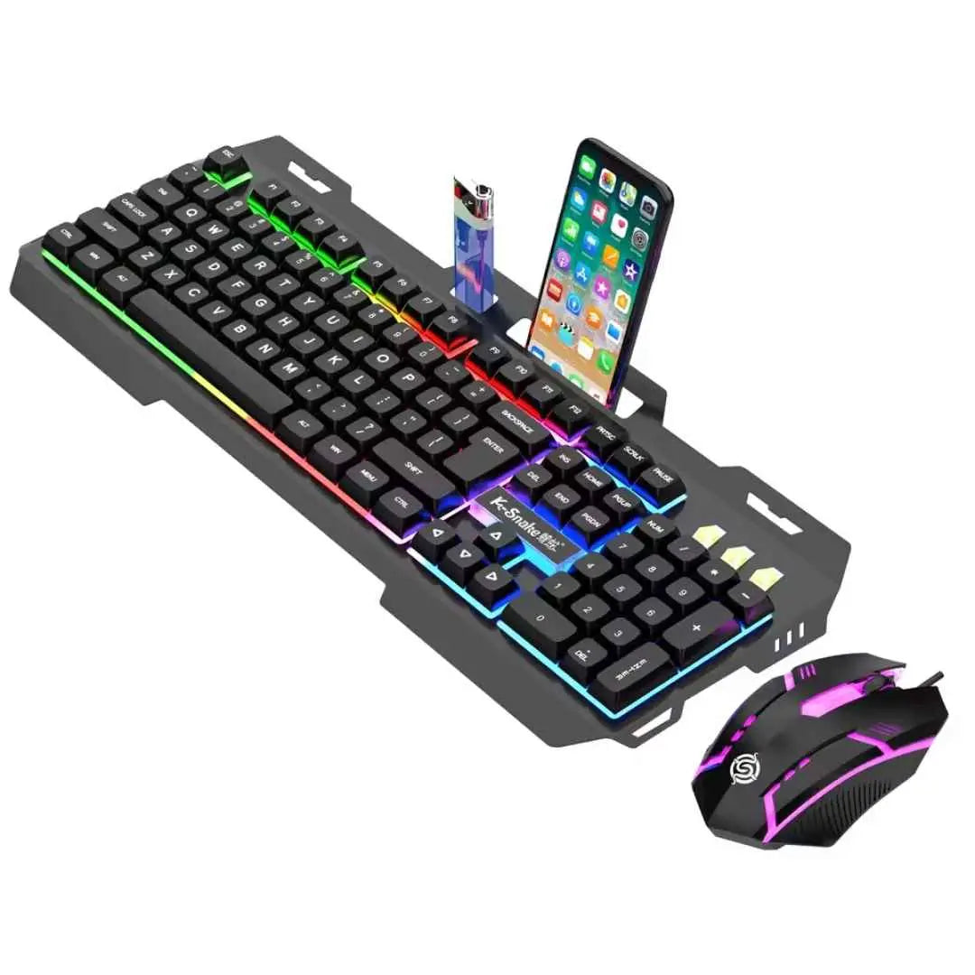 Kit gaming, tastatura cu senzatie mecanica si mouse cu fir, Iluminare Rainbow RGB, cablu USB, taste PBT double-shot, 104 Butoane, rezistenta la apa, anti-praf, cu suport pentru telefon
