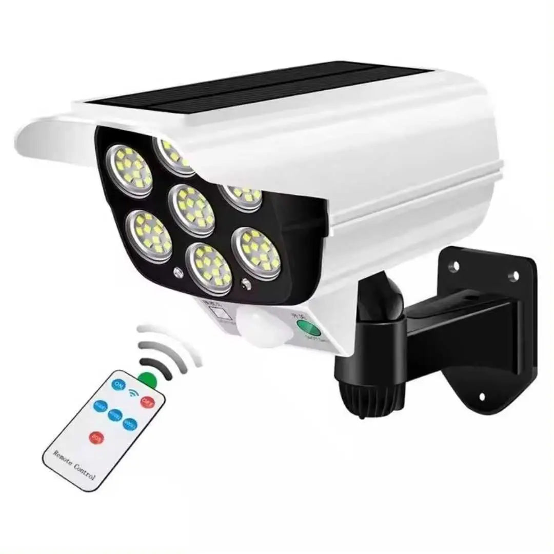 Lampa solara led, bec exterior, 77LED-uri, tip camera falsa, rezistenta la apa IP65, cu senzori de miscare, cu telecomanda, 3 moduri de iluminare