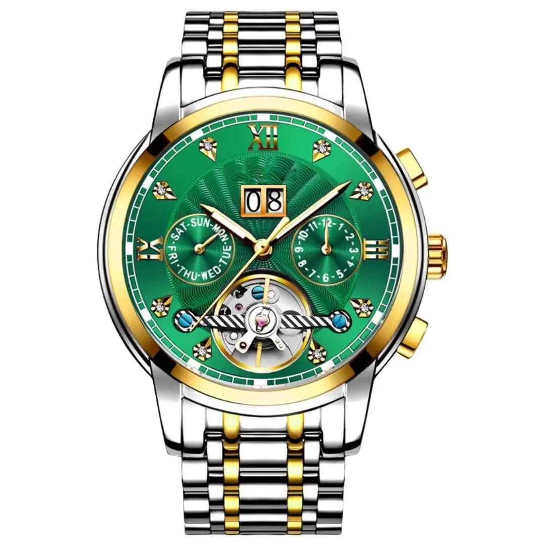 Ceas automatic-mecanic Poedagar Tourbillon, aliaj, curea metalica, rezistent la apa 3ATM, functii multiple, indici luminosi, analog, cadran verde