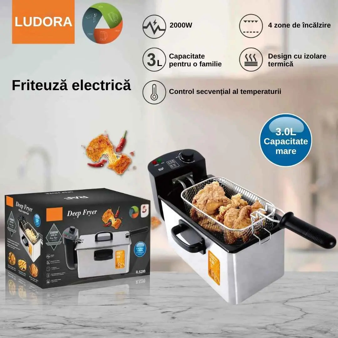 Friteuza electrica cu ulei, material inox, capacitate 3L, putere 2000W, temperatura reglabila 0 - 190 °C, protectie impotriva supraincalzirii, picioare anti-alunecare
