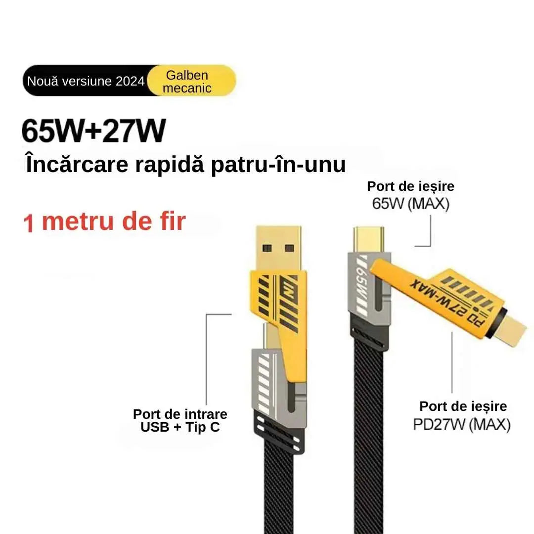 Cablu 4 in 1 incarcare ultra-rapida si tranfer de date, functie dubla simultana, super fast charging 65W/27W, 5V-20V, USB, Type-C, Lighting (iPhone), 1 metru, tehnologie avansata a cip-ului, stabilitate termica