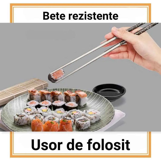 Bete chinezesti pentru mancare, material inox, set de 2 bucati, rezistente la spalare, cu imprimeuri florale colorate, argintiu