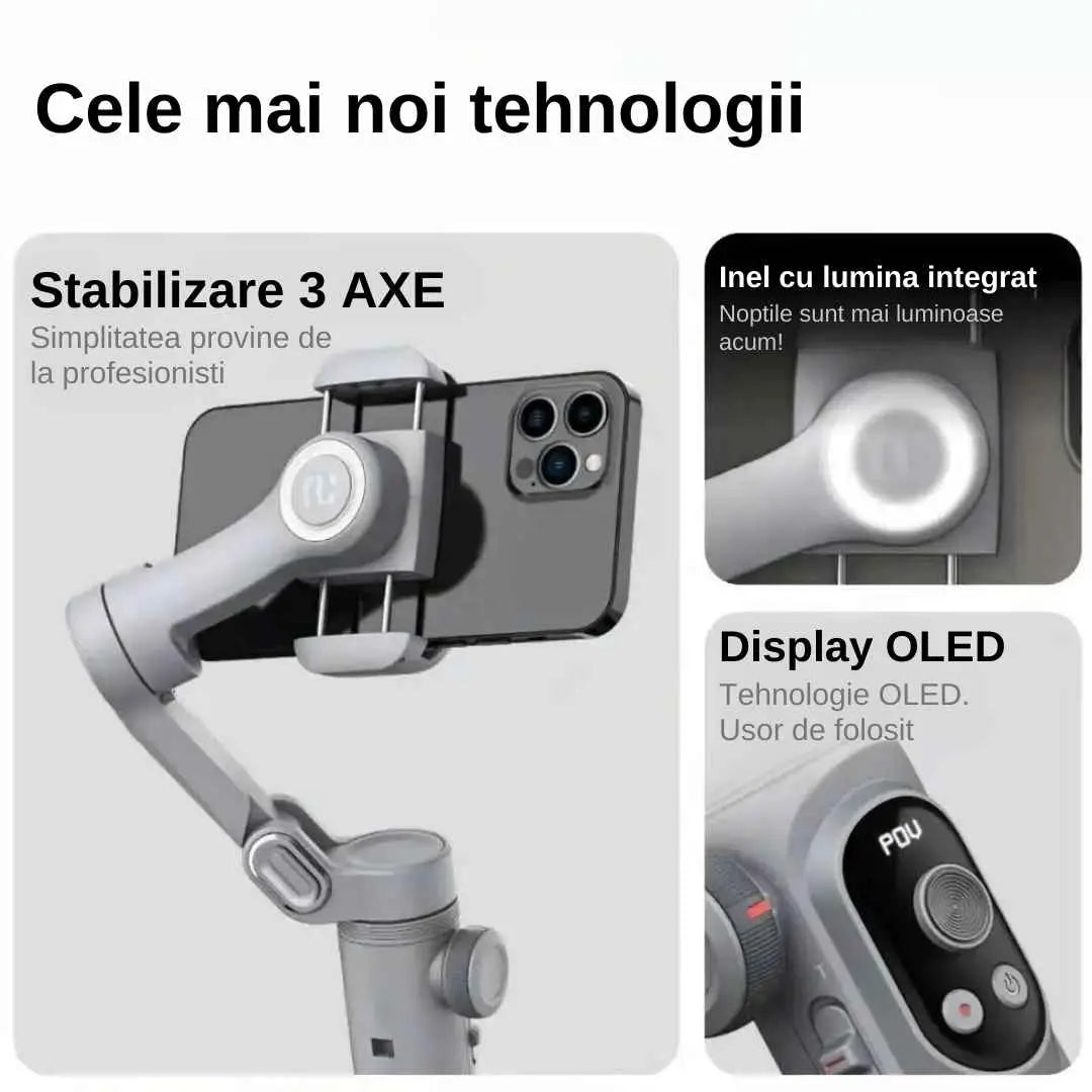 Sistem de stabilizare gimbal Smart X Pro, Cu 3 Axe, trepied, autonomie mare, baterie inclusa, urmareste fata si corpul, aplicatie dedicata compatibila Android si IOS