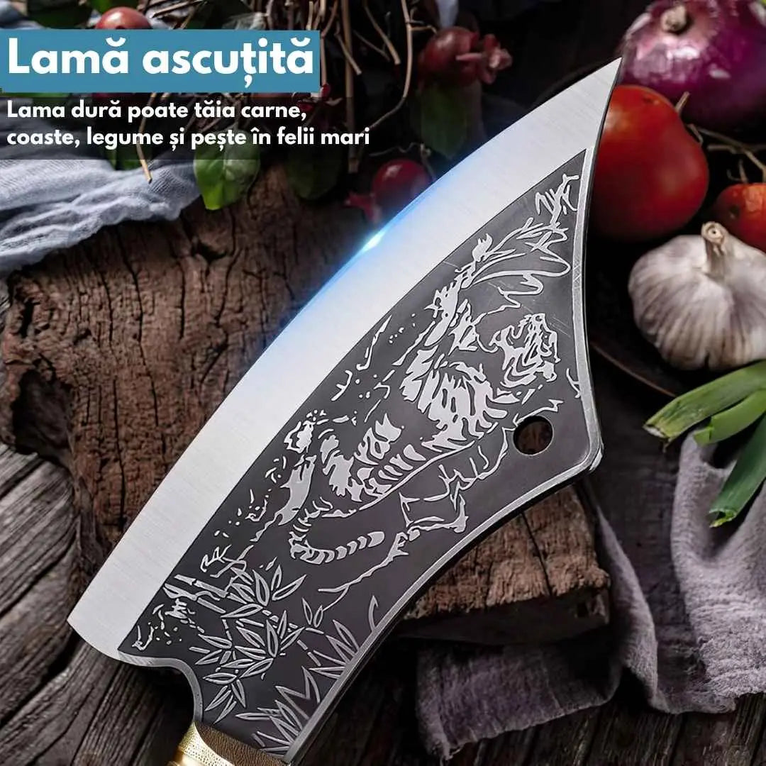 Satar, cutit de bucatarie, otel inoxidabil, taiere usoara, maner lemn anti-alunecare, lama ascutita si durabila, teaca din pu inclusa