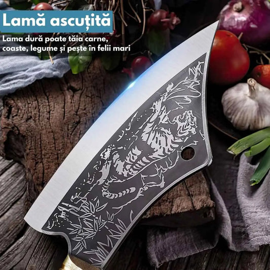 Satar, cutit de bucatarie, otel inoxidabil, taiere usoara, maner lemn anti-alunecare, lama ascutita si durabila, teaca din pu inclusa