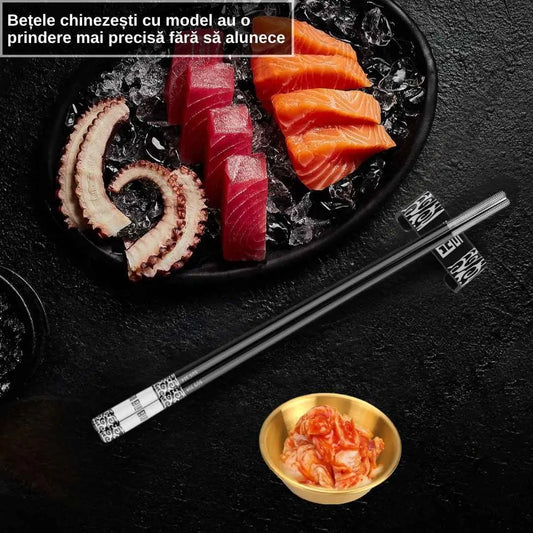 Set bete chinezesti traditionale, din otel inoxidabil, 2 mini boluri incluse, cu imprimeuri, reutilizabile, anti-derapante, rezistente la spalare, pentru servirea mesei