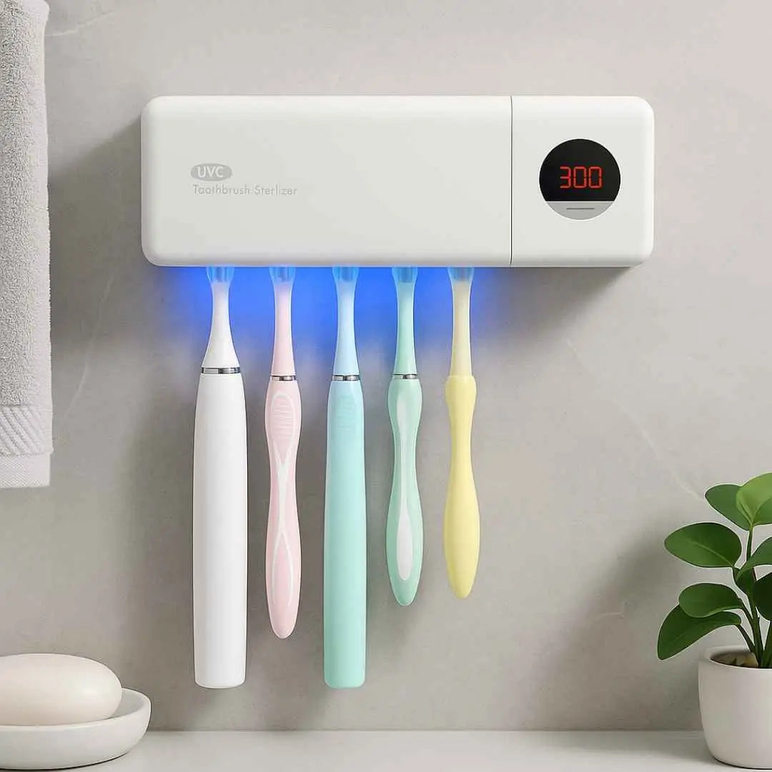 Sterilizator profesional pentru periutele de dinti, functie de uscare si sterilizare antibacteriala UV + UVC, montare pe perete prin lipire, 5 5loturi, ciclu automat la fiecare 8 ore, acumulator 2000mAh, afisaj digital