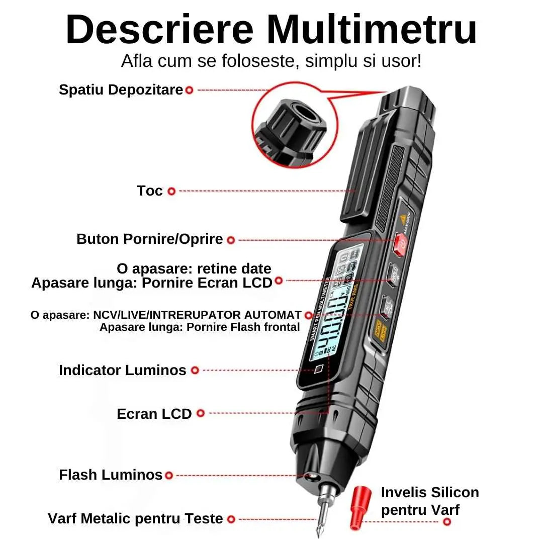 Multimetru digital 3 in 1, eisplay digital, functii multiple, detectare NCV, 0.8-600V, lanterna incorporata, inductie a campului electric, test continuitate, tester de diode