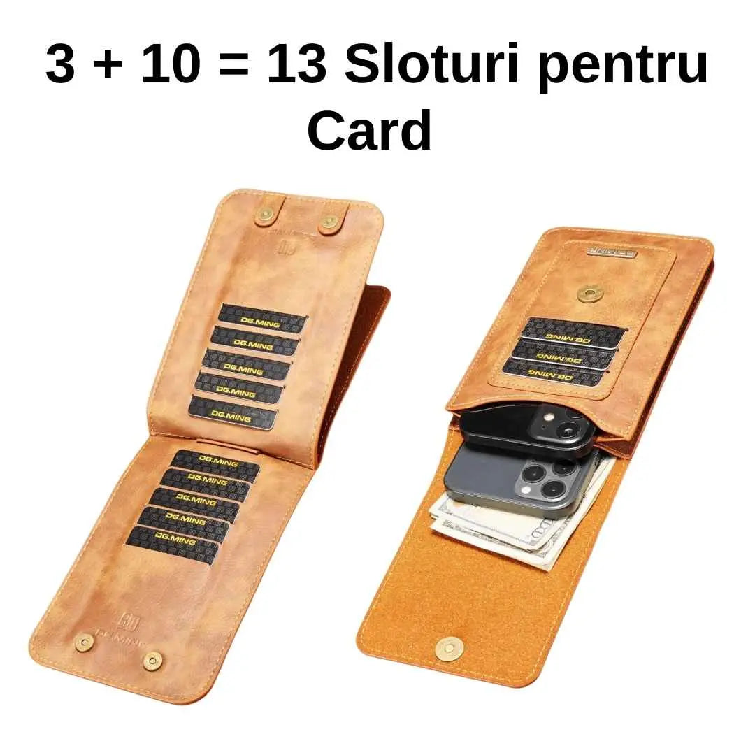 Husa telefon, compatibila telefoane pana la 7 inch, material PU, 2 in 1, tip portofel, 13 sloturi card, depozit baterie externa, inchidere magnet, prindere curea, maro