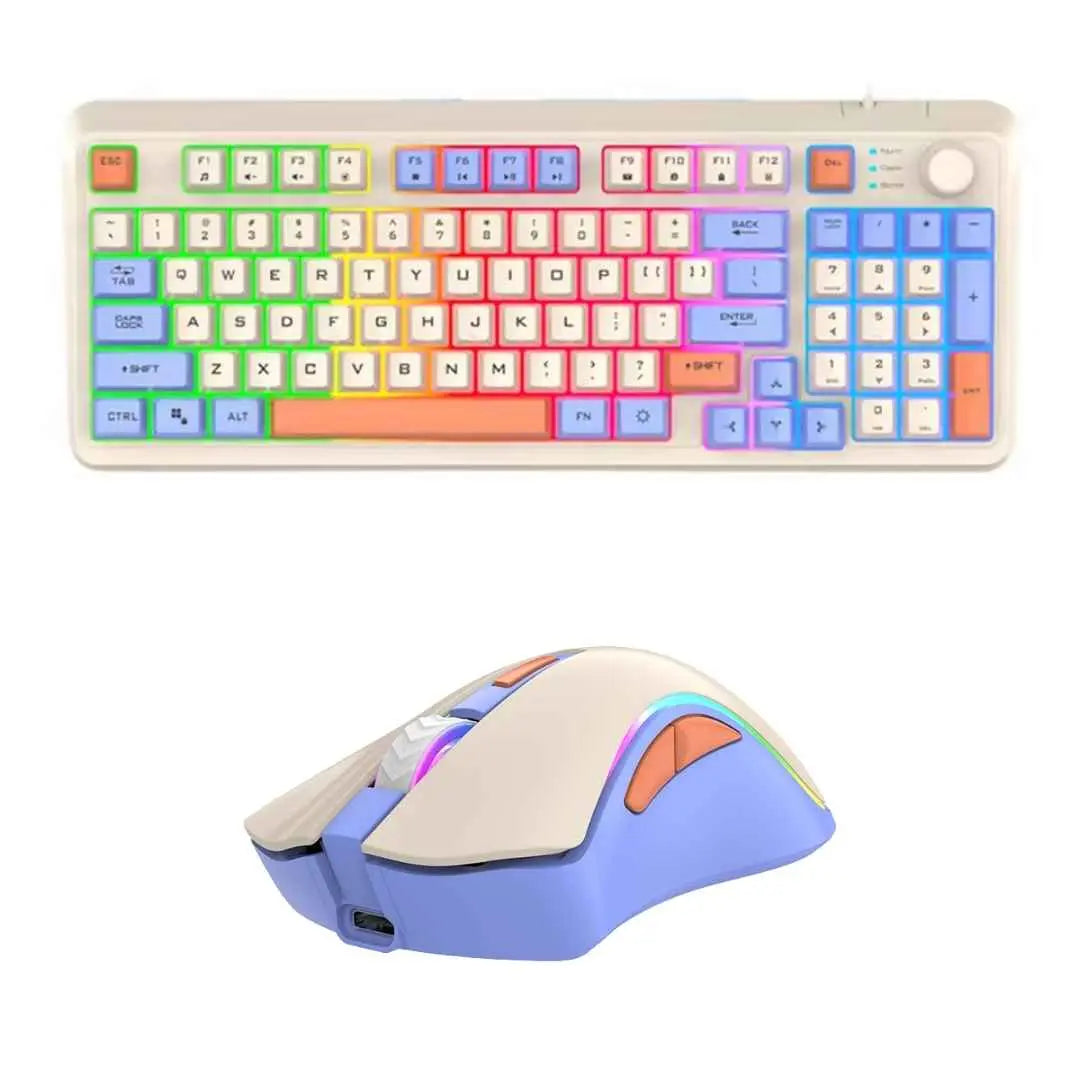 Kit gaming tastatura cu senzatie mecanica si mouse cu fir ilumanre rainbow RGB, cablu USB, taste PBT Double-Shot, design ergonomic, rezistenta la apa, anti-praf, material dur, buton multimedia