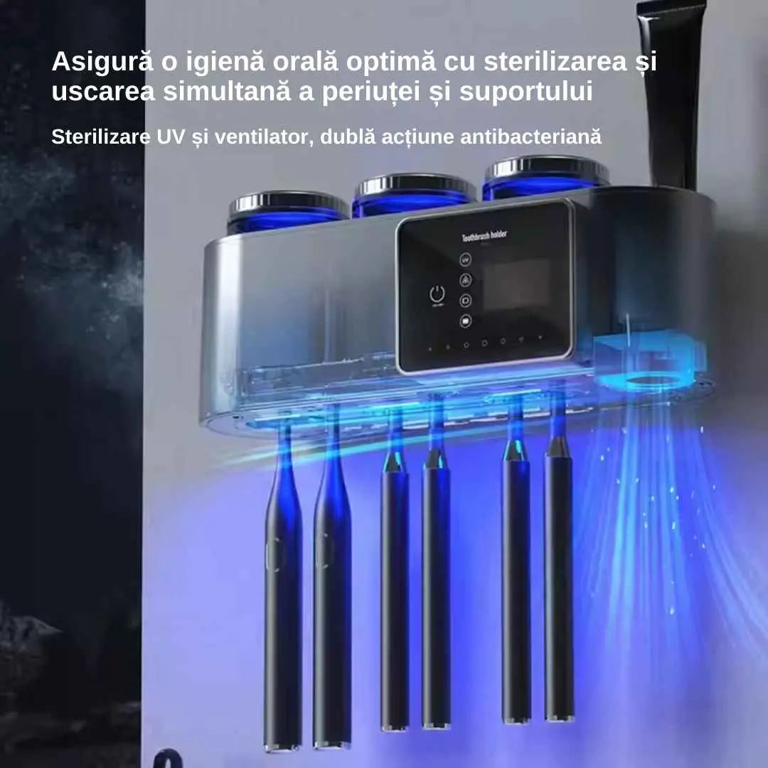 Sterilizator profesional pentru periute de dinti si dispenser cu Senzor pentru pasta, functie de uscare si sterilizare antibacteriala UV, prindere perete prin lipire, 6 sloturi, ciclu automat la fiecare 12 ore, acumulator 2000mAh, afisaj digital