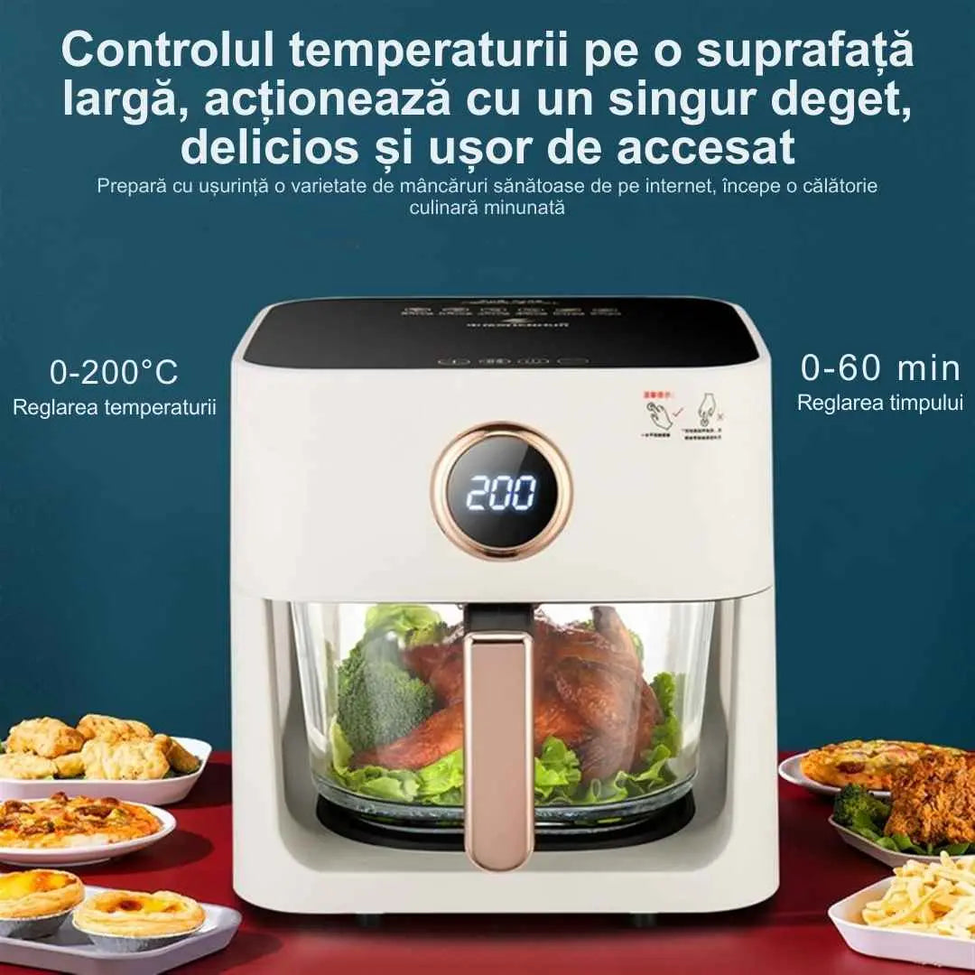 Friteuza cu aer cald, air frayer fara ulei, capacitate 5L, ecran tactil, recipent transparent din sticla borosilicata, putere 1200W, Temperatura reglabila 0-200°C, termomentru 60 Minute, cos detasabil, gatire rapida si uniforma