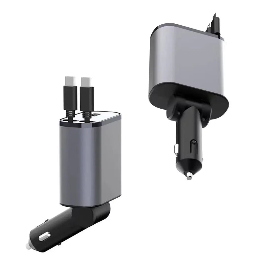 Incarcator auto 4 in 1 multifunctional, incarcare rapida, design cu 2 cabluri (Tip-C 100W, iOS 20W) si 2 porturi (USB 2.4A, Tip-C 3A), indicator LED digital, tehnologie avansata a cip-ului, stabilitate termica