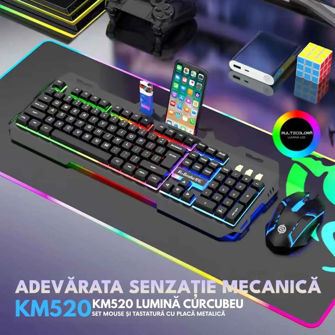 Kit gaming, tastatura cu senzatie mecanica si mouse cu fir, Iluminare Rainbow RGB, cablu USB, taste PBT double-shot, 104 Butoane, rezistenta la apa, anti-praf, cu suport pentru telefon