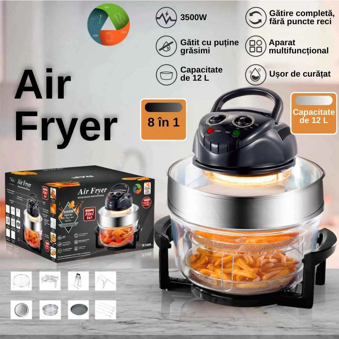 Friteuza cu aer cald, Airfryer, multifunctionala 8 in 1, 3500w, capacitate 12l, gatire uniforma, vas detasabil anti-aderent, temperatura reglabila 0-250°, timer pana la 60 minute, usor de curatat