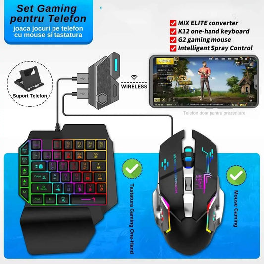 Set Gaming telefon cu tastatura Iluminata 39 taste one hand si mouse, Iluminare Rainbow, suport telefon inclus, wireless Mix SE cu inteligent spray control, compatibil Android, mouse gaming 1600/2400/3200 DPI, RGB