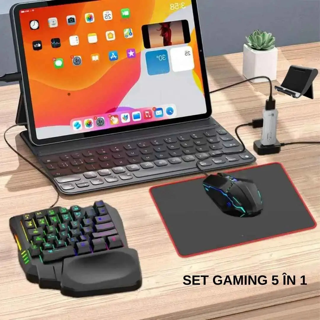 Set gaming telefon 5 in 1 cu tastatura iluminata RGB, emulator jocuri telefon, Compatibil Android 35 taste one hand si mouse gaming 1600/2400/3200 DPI, suport telefon inclus, mouse pad inclus, wireless, cu inteligent spray control