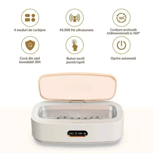 Aparat de curatare cu ultrasunete, cuva inox, frecventa 45kHz, 4 moduri de curatare, capacitate 300 ML, putere 15W