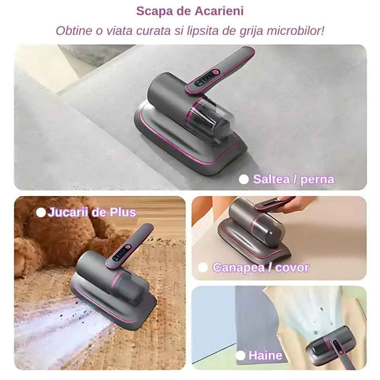 Aspirator portabil anti-acarieni , tehnologie UV, putere de aspirare 12000pa, filtru HEPA, fara sac si fara fir