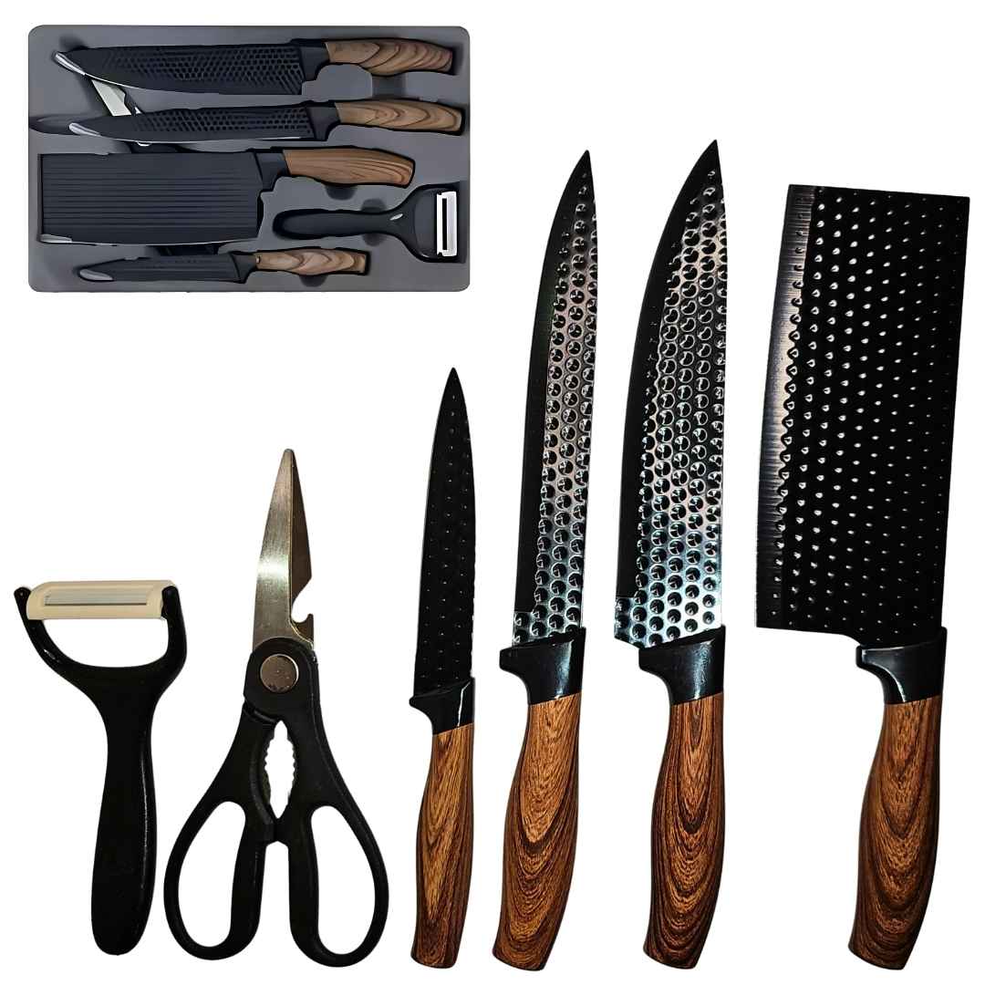 Set cutite bucatarie, din inox, 6 piese, 4 cutite de bucatarie, 1 foarfeca din otel inoxidabil, 1 cutit din ceramica, de decojit, pentru fructe, legume, carne, cutie depozitare inclusa