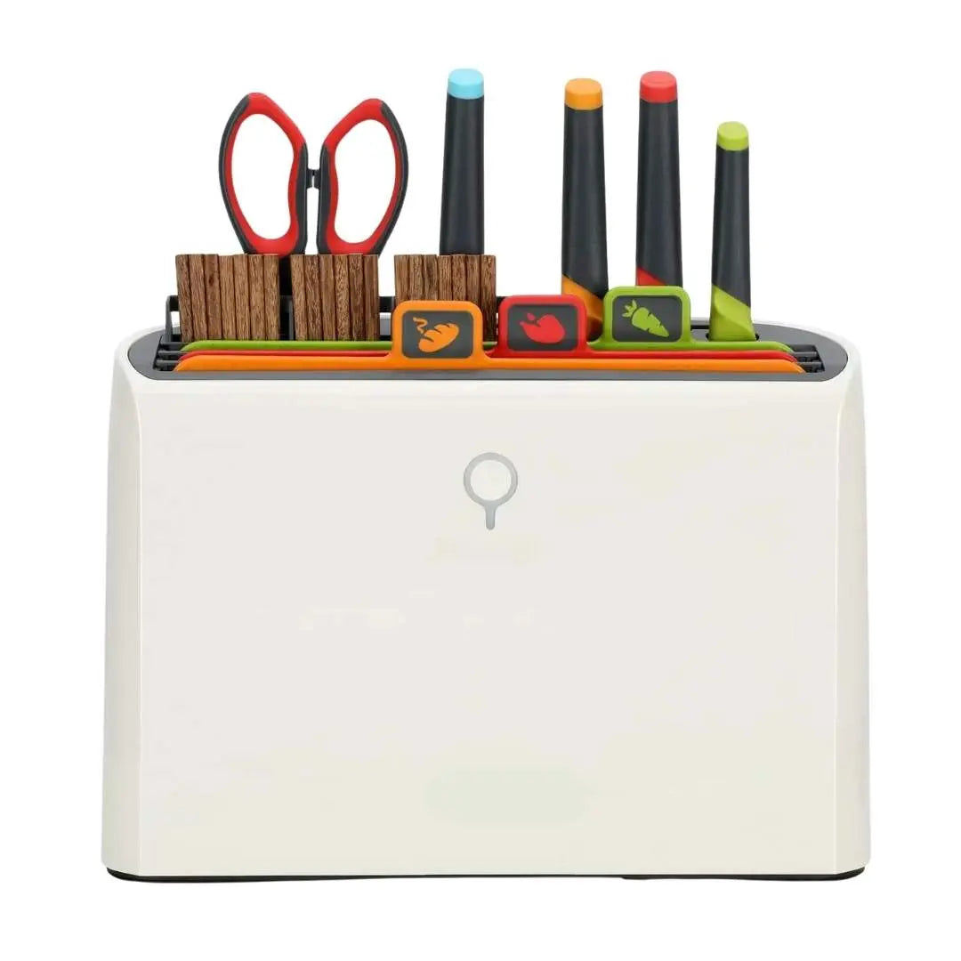 Set cutite profesionale plus aparat de sterilizat si depozitare, putere 50W, raze UV, sterilizare 99, 99%, uscare inteligenta, suport pentru cutite, 4 cutite si 1 foarfeca incluse, 3 tocatoare rezistente, 10 bete chinezesti