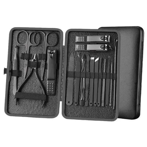 Trusa manichiura si pedichiura profesionala, material otel inoxidabil, 18 piese, unghiera, foarfeca, penseta, pila, instrumente cuticule, cu etui depozitare