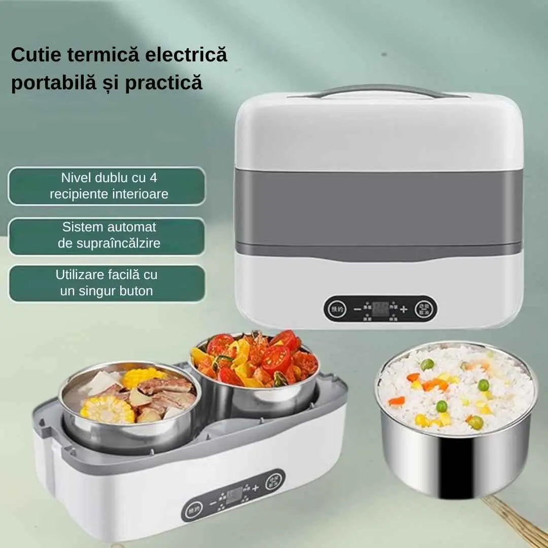 Cutie de pranz electrica, functie de incalzit si gatit la Abur, 4 containere detasabile, capacitate 2L, putere 250W