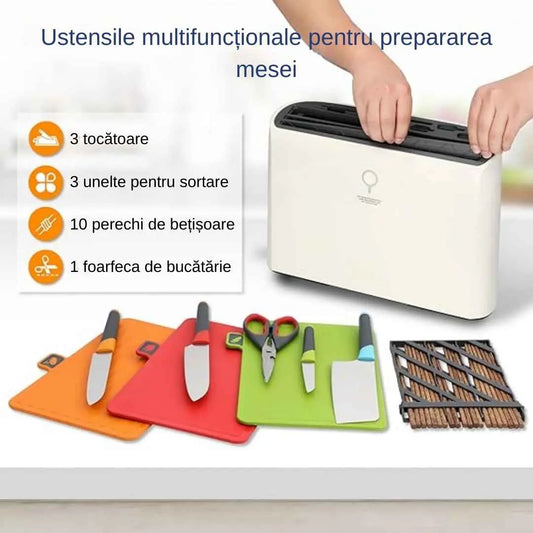 Set cutite profesionale plus aparat de sterilizat si depozitare, putere 50W, raze UV, sterilizare 99, 99%, uscare inteligenta, suport pentru cutite, 4 cutite si 1 foarfeca incluse, 3 tocatoare rezistente, 10 bete chinezesti