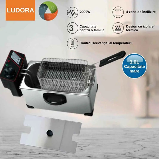 Friteuza cu ulei, cuva inox, capacitate 3L, putere 2000W, temperatura Reglabila 0 - 190 °C, filtru detasabil, cos detasabil, protectie impotriva supraincalzirii, picioare anti-alunecare