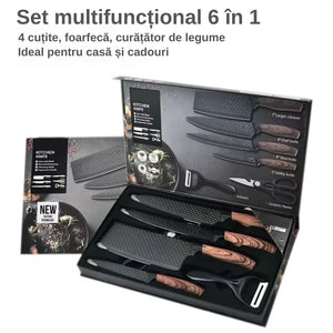 Set cutite bucatarie, din inox, 6 piese, 4 cutite de bucatarie, 1 foarfeca din oțel inoxidabil, 1 cutit din ceramica, de decojit, pentru fructe, legume, carne, cutie depozitare inclusa