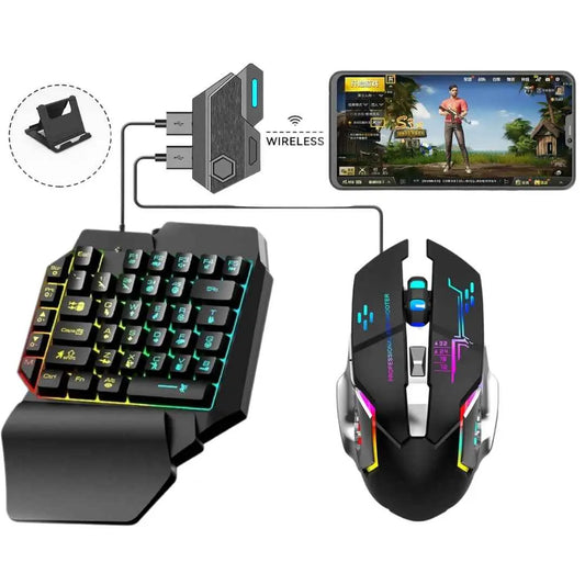 Set Gaming telefon cu tastatura Iluminata 39 taste one hand si mouse, Iluminare Rainbow, suport telefon inclus, wireless Mix SE cu inteligent spray control, compatibil Android, mouse gaming 1600/2400/3200 DPI, RGB