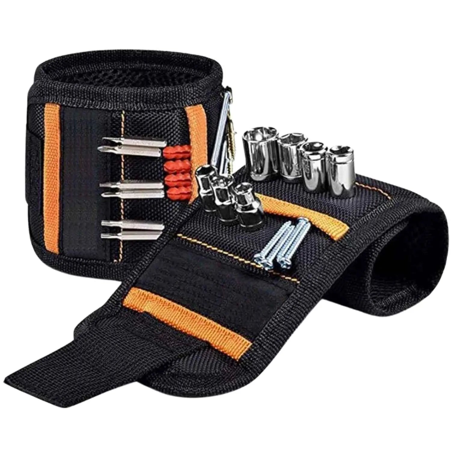 Manson suport pentru unelte, bratara magnetica pentru incheietura, 2 buzunare, 20 magneti auper puternici pentru cuie, suruburi, burghie, dimensiune reglabila, prindere cu scai