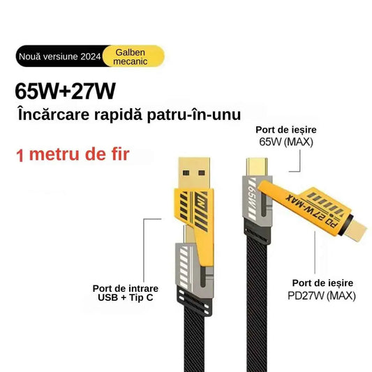 Cablu 4 in 1 incarcare ultra-rapida si tranfer de date, functie dubla simultana, super fast charging 65W/27W, 5V-20V, USB, Type-C, Lighting (iPhone), 1 metru, tehnologie avansata a cip-ului, stabilitate termica