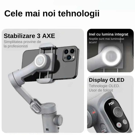 Sistem de stabilizare gimbal Smart X Pro, Cu 3 Axe, trepied, autonomie mare, baterie inclusa, urmareste fata si corpul, aplicatie dedicata compatibila Android si IOS