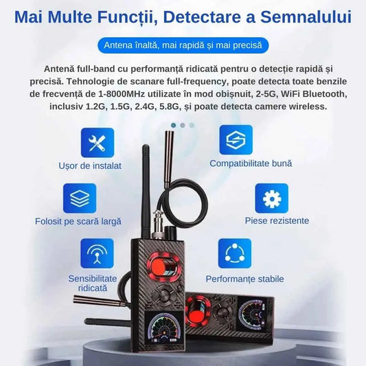 Detector aparate spionaj, cip cu inteligenta artificiala, raza detectie 10m, detecteaza camere ascunse, Microfoane, localizatoare GPS/GSM, reportofoane, frecventa 1-8000 MHz, portabil, model K99