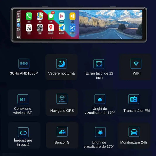 Navigatie auto, oglinda retrovizoare, CarPlay si Android Auto, 4K, Ecran 11.26", cu 2 camere, ecran touch, senzor G, vedere nocturna, detectare miscare, wireless, unghi inregistrare 170°, monitorizare parcare