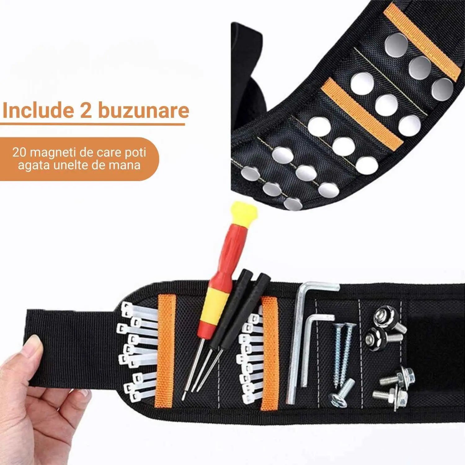Manson suport pentru unelte, bratara magnetica pentru incheietura, 2 buzunare, 20 magneti auper puternici pentru cuie, suruburi, burghie, dimensiune reglabila, prindere cu scai