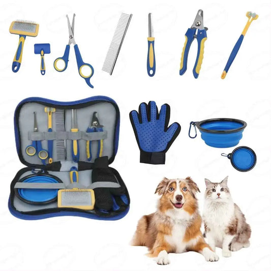 Set Ingrijire Animale, LUDORA®, Caini si Pisici, 8 Piese, Foarfeca, Pieptene, Clips Unghii, Lama de Pilit, Manusa Periat, Bol Hrana, Geanta Transport, Albastru