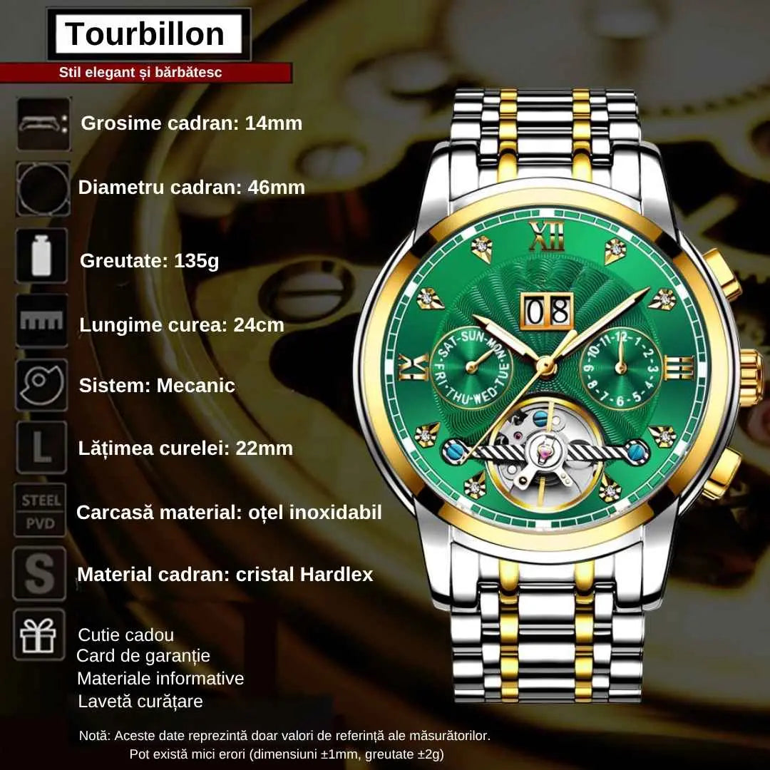 Ceas automatic-mecanic Poedagar Tourbillon, aliaj, curea metalica, rezistent la apa 3ATM, functii multiple, indici luminosi, analog, cadran verde