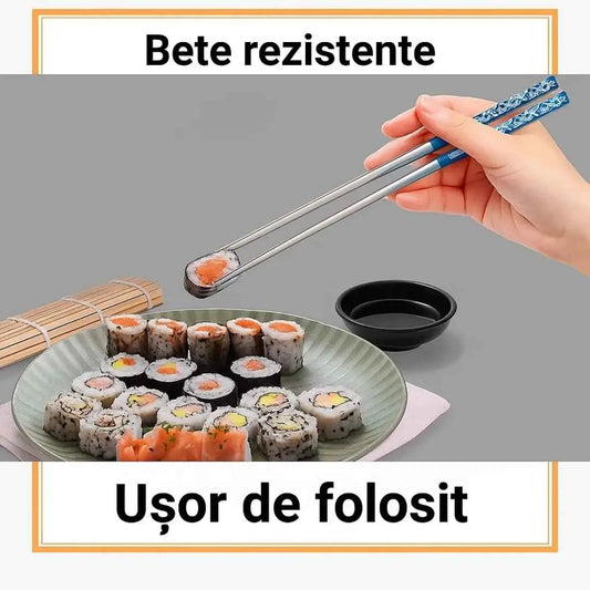 Bete chinezesti traditionale, set 2 pentru mancat, din otel inoxidabil, rezistente la spalare, cu imprimeuri florale colorate